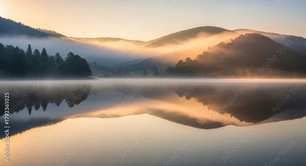 Fototapeta premium Serene misty morning over a tranquil lake with rolling hills and evergreen trees reflected in the calm water.