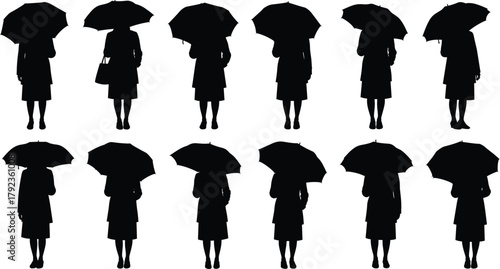 Umbrella silhouette figures, person holding umbrella poses, rainy weather illustration, fashion coat design, urban lifestyle vector art collection