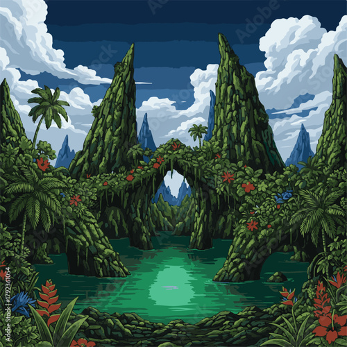 A stunning illustration of a hidden lagoon within a rugged, dark green volcanic island. The water is an intense emerald green, surrounded by towering rock formations and dense tropical foliage