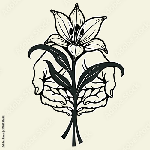 Hands holding flower, a simple line art image exhibiting care and beauty. Hands delicately holding flower, illustrating tenderness and appreciation.