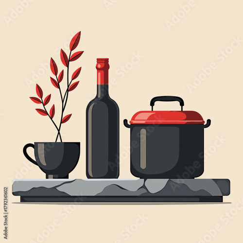 Wine bottle still life featuring drinkware and cookware on shelf, evoking cozy kitchen ambiance. This wine bottle still life composition suggests domesticity and culinary arts.