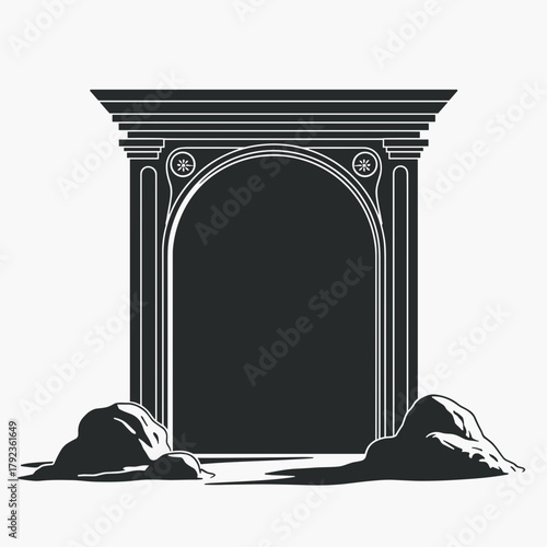 Ancient archway with decorative moldings and dark opening, ancient archway entrance stands solid among rocks. Symbolic ancient archway represents portal to history, architecture is very old,