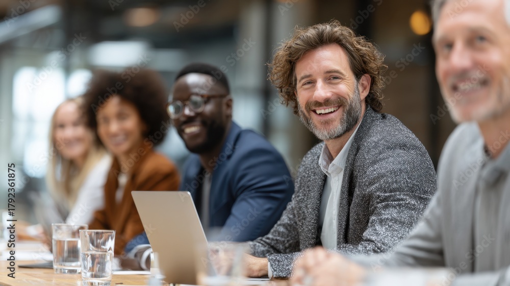 Obraz premium Happy executive team discusses project plan in office, consulting corporate client on financial investment, diverse people working together at group meeting