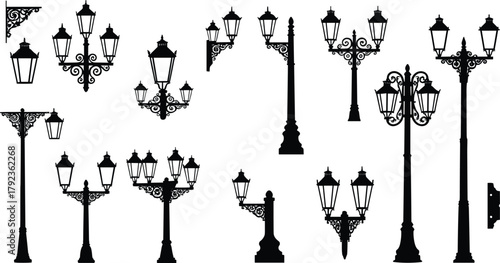 Vintage ornate street lamp silhouettes, decorative wrought iron lantern posts, artistic antique lighting design, architectural inspiration, historic retro city elements