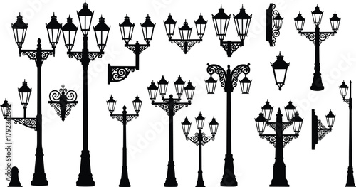 Vintage ornate street lamp silhouettes, decorative wrought iron lantern posts, artistic antique lighting design, architectural inspiration, historic retro city elements
