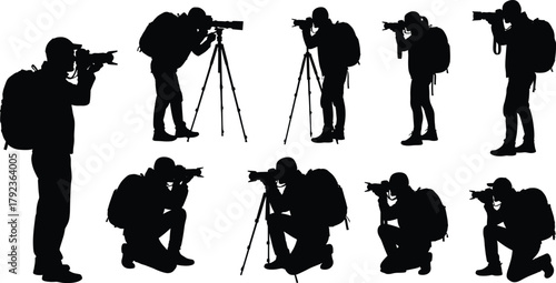 Professional photographers taking pictures with camera and tripod vector illustration, photography concept, outdoor shooting, creative work, travel lifestyle, silhouette people collection