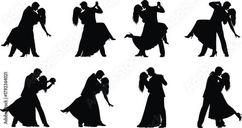 Romantic couple dance silhouette vector illustration, elegant man and woman performing ballroom dance, love passion and movement concept, wedding dance design