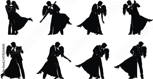Romantic couple dancing silhouette illustration, elegant man and woman in ballroom poses, love dance vector art, wedding romance concept, passionate performance design