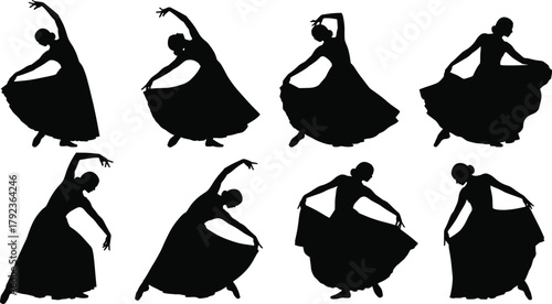 Silhouette of elegant female dancers performing graceful movements in long dresses, vector illustration of classical dance art, motion, rhythm, expression design