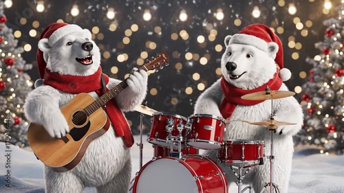 Two White Bears Playing Instruments with Red Hats and Scarves in Front of Christmas Trees and Bokeh Lights in Snow