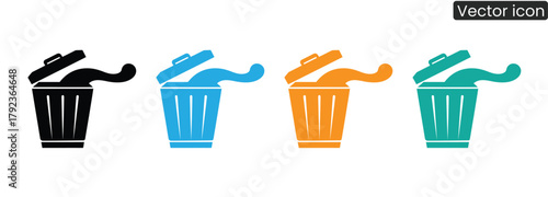 Discover versatile trash can icons in striking black, blue, orange, and teal. Perfect for digital projects on waste, recycling, or cleanup, adding a modern touch.