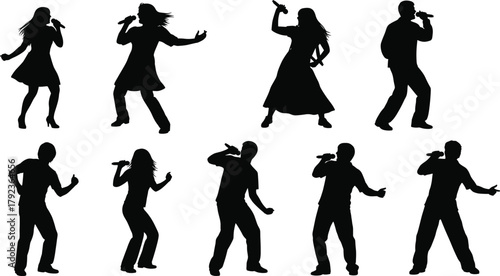 Silhouettes of male and female singers performing with microphones, dynamic poses of music artists dancing and singing for concert, stage, and entertainment design