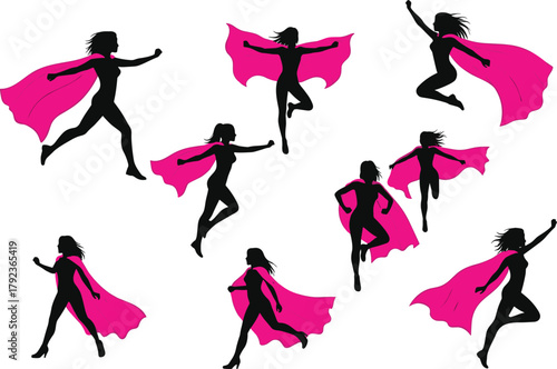 Superhero woman silhouette flying and jumping with red cape, strong female hero poses, vector illustration, empowerment, feminism, confidence, modern character design
