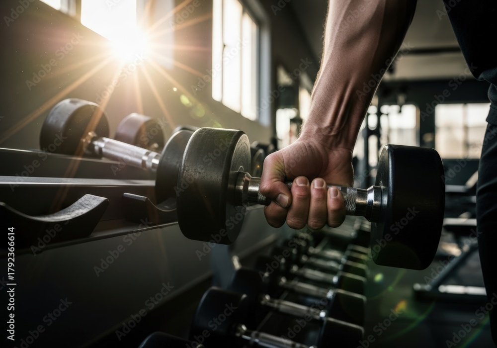 Naklejka premium Man's hand gripping dumbbell in a gym with sunlight shining through the window