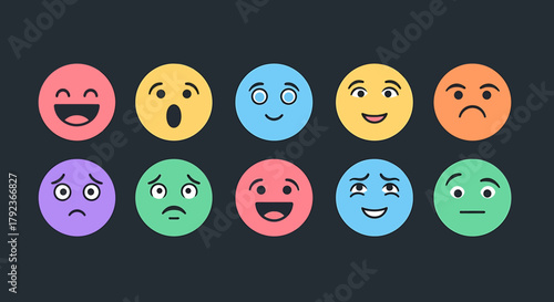A collection of ten colorful cartoon-style emoji faces expressing a range of emotions on a dark background.