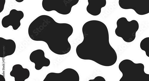 Seamless black and white cow print pattern background, a classic animal skin texture for design.