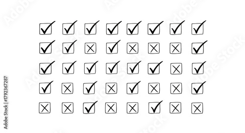 Grid of checkmarks and crosses, representing selection, choices, and decisions.