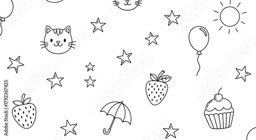 Cute black and white seamless pattern with hand-drawn doodles of cats, stars, strawberries, and balloons for coloring.
