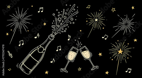 Festive illustration of a champagne bottle popping with fireworks and musical notes.