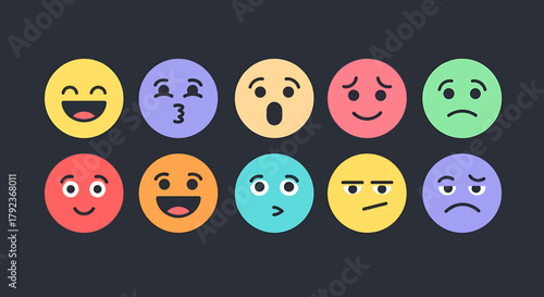 Quadro su tela Collection of ten colorful emoji faces, each expressing a different emotion, set against a dark background