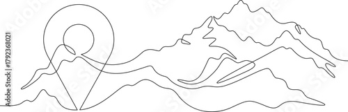 Continuous single line drawing Mountain landscape pin map. Geolocation in nature. Pin map. Linear . One continuous line isolated minimalist illustration. Not AI.