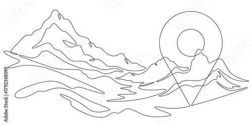 Continuous single line drawing Mountain landscape pin map. Geolocation in nature. Pin map. Linear . One continuous line isolated minimalist illustration. Not AI.