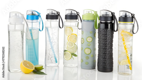 Variety of reusable water bottles, featuring lemon and lime infusions for healthy hydration options