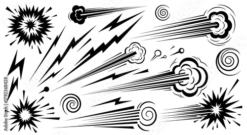 Comic book style speed lines, explosions, and impact effects in black and white.