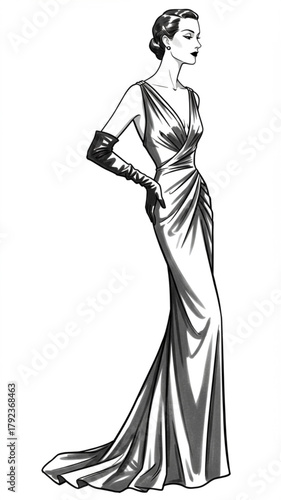 Elegant Woman in Vintage Evening Gown Fashion Illustration
