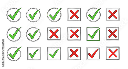 A collection of green checkmarks and red crosses in various shapes and sizes, indicating correct and incorrect choices.
