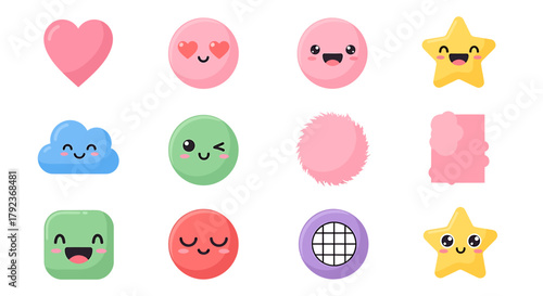 A collection of cute and colorful cartoon shapes and emoji-like faces with various expressions on a white background.