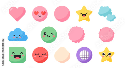 A collection of cute kawaii-style geometric shapes and emoticons with happy faces isolated on a white background.