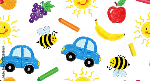 Colorful pattern with fruits, suns, cars, bees, and crayons on a white background.