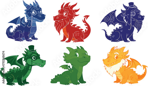 Cute fantasy dragon character set, colorful cartoon baby dragons with wings and horns, adorable mythical creature design for kids art