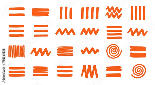 A collection of hand-drawn orange graphic elements including lines, zigzags, and spirals.