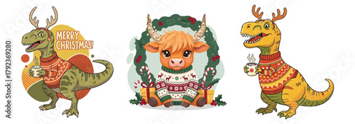 Festive dinosaurs and a highland cow celebrate