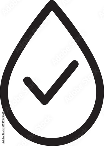 Droplet with checkmark icon silhouette showing water-resistant certified symbol in vector.