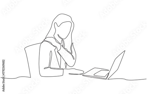 Continuous one line drawing of woman massaging shoulder to relieve pain from office syndrome, symbolizing physical stress from working in front of computer for long periods of time, single line art.