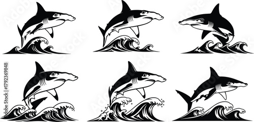 Black and white shark silhouette jumping over ocean waves, predator sea animal illustration, marine wildlife vector art for tattoo and design