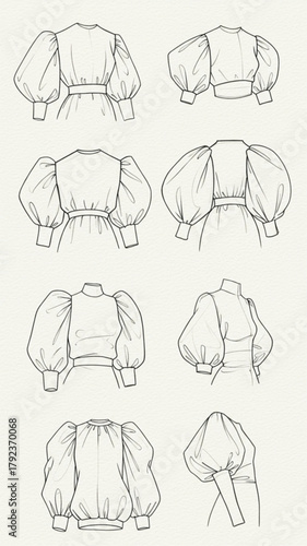 Technical drawings of fashion blouses with puff sleeves, featuring various voluminous sleeve types and cuff details.