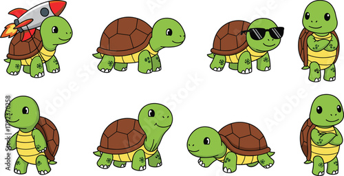 Cute cartoon turtle characters collection with sunglasses and rocket shell, adorable animal mascot set for kids and education art