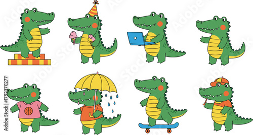 Cute cartoon crocodile characters in various activities, funny alligator mascot set with umbrella, ice cream, laptop, and skateboard