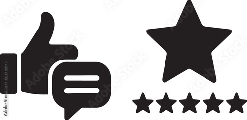 Feedback icon silhouette showing thumbs up and comment symbol in clean isolated vector style.