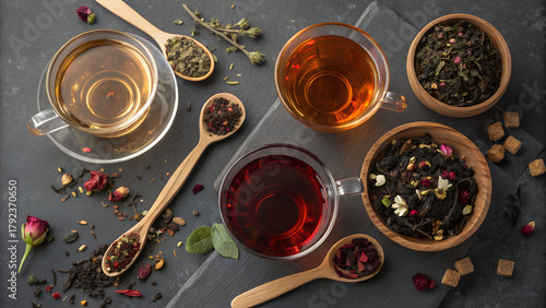 Overhead shot of various herbal teas in glass cups, wooden bowls, and spoons on a dark surface, creating a warm and inviting atmosphere
