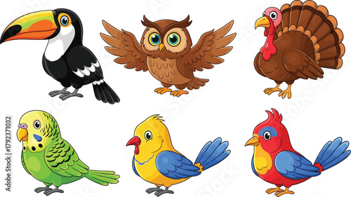 Cute cartoon birds collection, colorful exotic bird characters, tropical and forest animals, adorable feathered birds illustration set for kids design