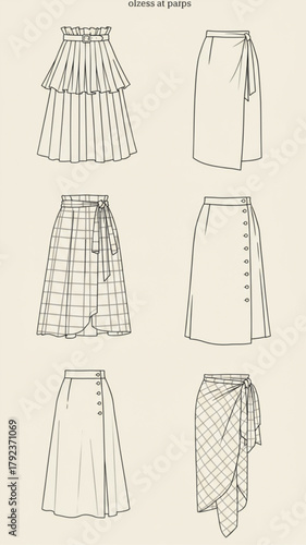 Six Different Skirt Technical Drawings: Fashion Flat Sketches Collection
