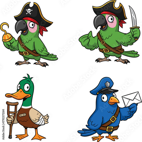 Funny cartoon birds in costumes, pirate parrot, injured duck, postman pigeon, cute animal character illustration, creative mascot design set