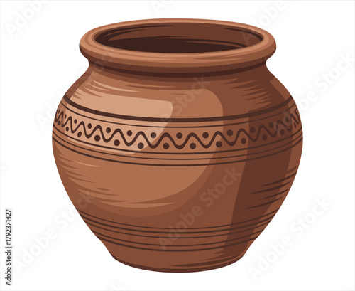 A detailed illustration of a classic terracotta pot with decorative bands