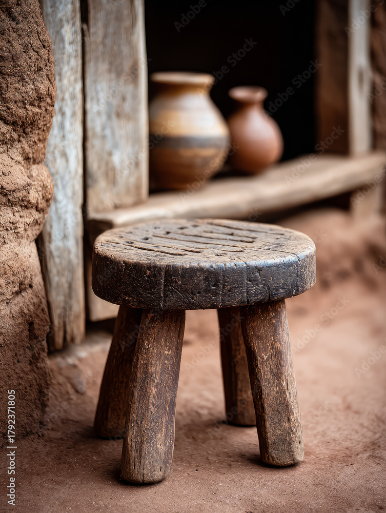 Fototapeta premium Rustic wooden stool with pottery in rustic setting.