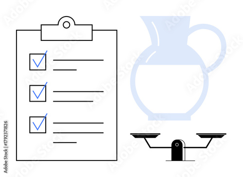 Clipboard with checklist, balancing scale, and water pitcher symbolize planning, justice, and resource conservation. Ideal for productivity, evaluation, sustainability, balance organization